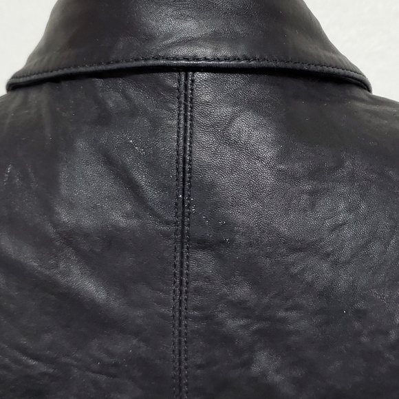 JONES New York Black Crinkled Leather Notched Collar Button Up Moto Jacket Large - Picture 16 of 16